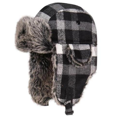 Tartan Plaid Fur Tweed Chin Strap Trapper Hat 