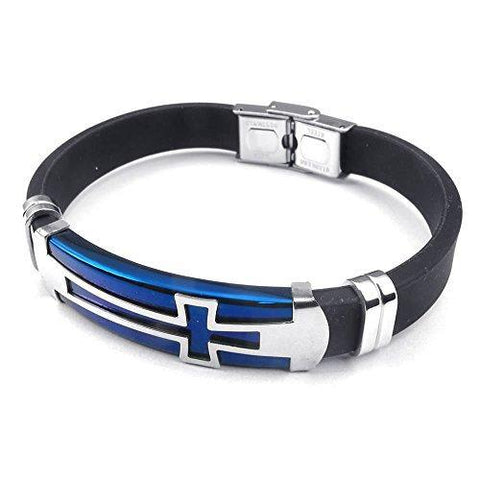 Blue Plated Cross Steel Rubber Bracelet