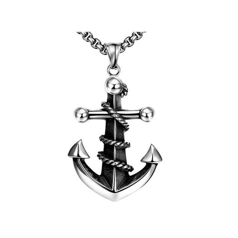 Black & Silver-Tone Rope Anchor Cross Stainless Necklace