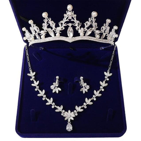 Pearl Tip Marquise Zirconia Floral Drop Tiara Stainless Jewelry Set