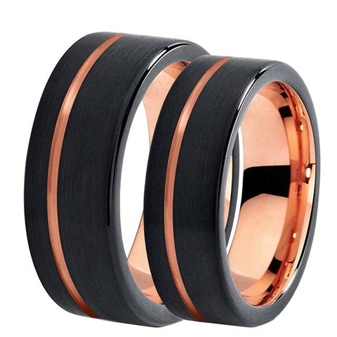 Off-Center Rose Gold & Black Pipe Cut Tungsten Ring Set