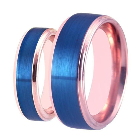 Blue & Rose Gold Tungsten Carbide Promise Ring Set
