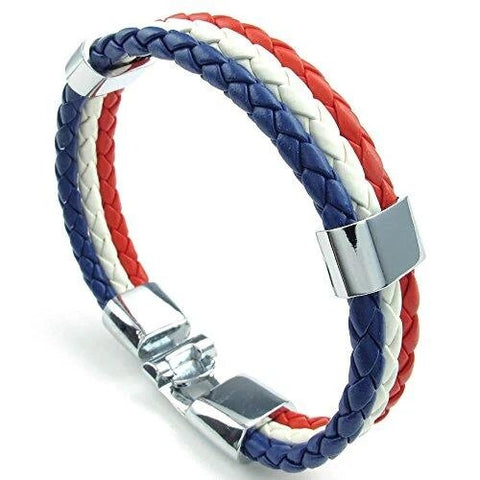 Red White Blue Braided Leather Bracelet