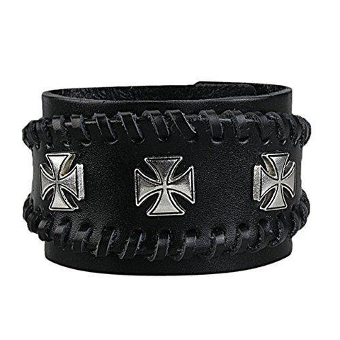 Gothic Cross Steel Stud Stitched Leather Cuff 