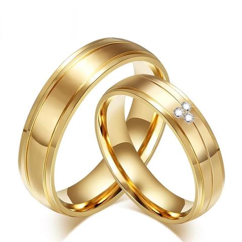 Gold-Plated Stainless Steel Three Pieces Cubic Zirconia Wedding Band Set