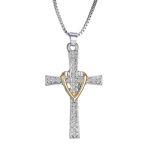 Crystal Pave Christian Cross Heart Collar Necklace