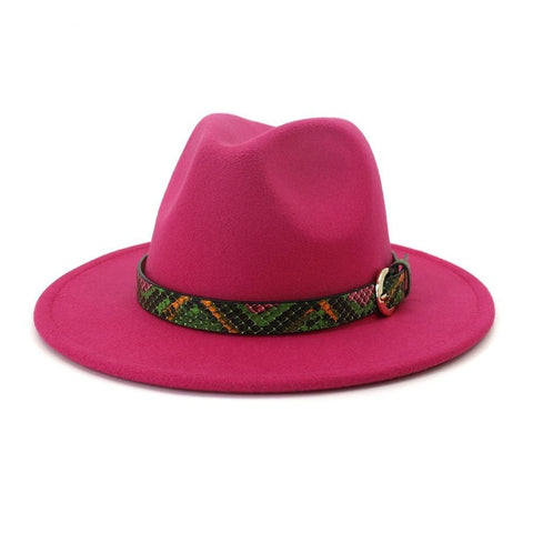 Multicolor Scale Print Belt Hatband Front Pinched Wool Hat (12 Available Color)