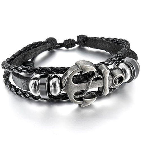 Steel Rope Anchor Three Strand Leather Bracelet