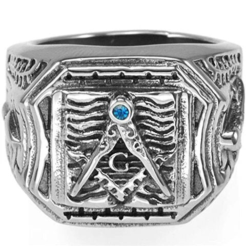 Stainless Steel Masonic Ring Signet Style with Blue Cubic Zirconia