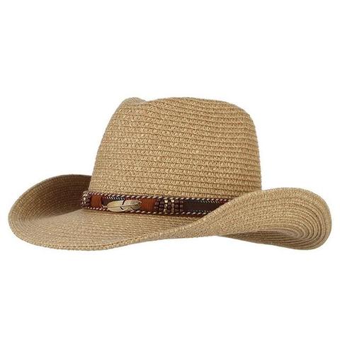 Metal Ornamented Brown Leather Straw Cowgirl Hat (3 Available Colors)