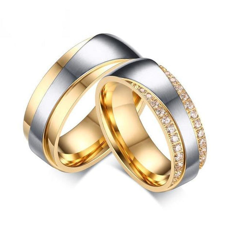 Luxury Gold & Silver Crystal Pave Stainless Steel Wedding Ring Set
