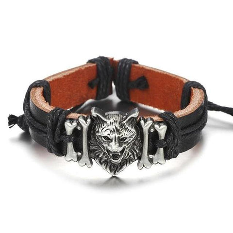 3D Wolf Tribal Bone Leather Bracelet 