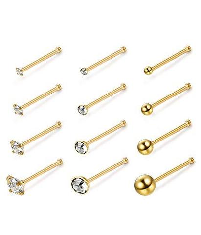 12 Piece Set Stainless Bead Round CZ Steel Nose Rings Studs