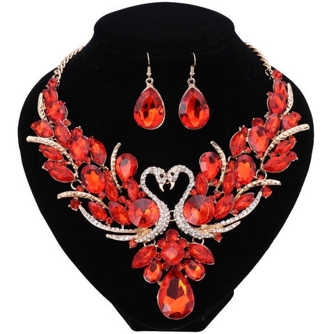 Simulated Red Sapphire Earring & Necklace Swan Jewelry Set
