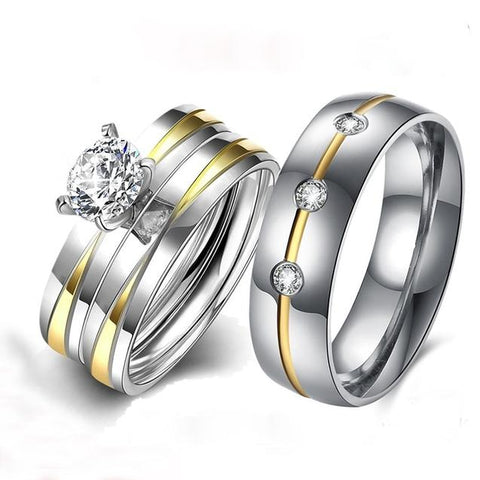 3PC Gold & Silver Crystal Stainless Alloy Engagement Ring Set