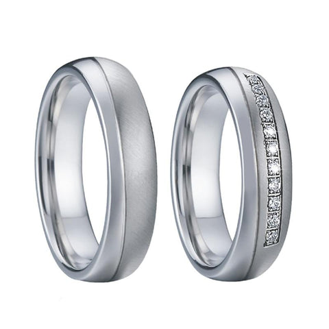 Dual Polished Dome Crystal Chanel Pave Stainless Steel Wedding Ring Set 