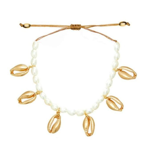 Simulated Pearl Gold Cowrie Shell String Necklace