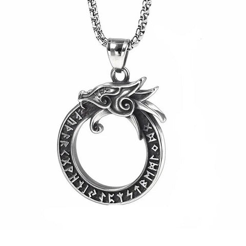 Rune Stainless Steel Dragon Ring Pendant Necklace