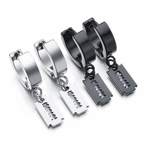 Men's Stainless Steel Razor Dangle Hoop Earrings