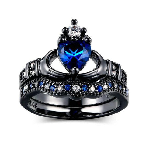 Women's 2pc White & Blue Crystal Black Tungsten Carbide Ring