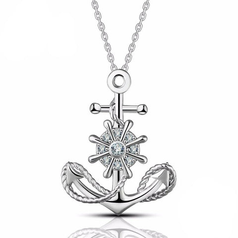 White Crystal Ship's Wheel Sterling Silver Anchor Necklace