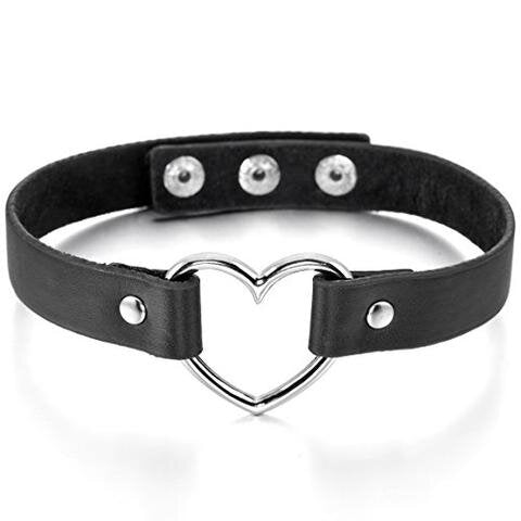 Adjustable Leather Alloy Black Silver Heart Choker Necklace