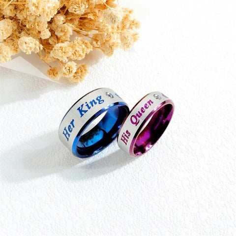 His and Her Silver Plated Stainless Steel with Blue and Purple Crown Couple Ring