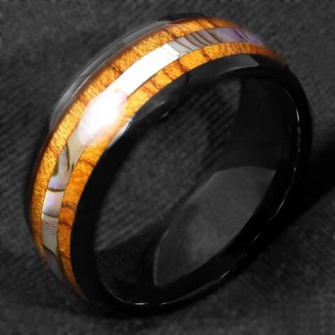  Black Tungsten Carbide with Koa Wood and Abalone Inlay Ring