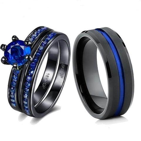 3PC Blue Crystal Black Tungsten Carbide Engagement Ring Set