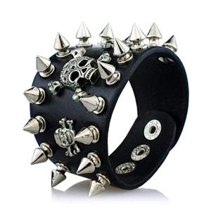 Adjustable Biker Spike Skull Leather Bracelet