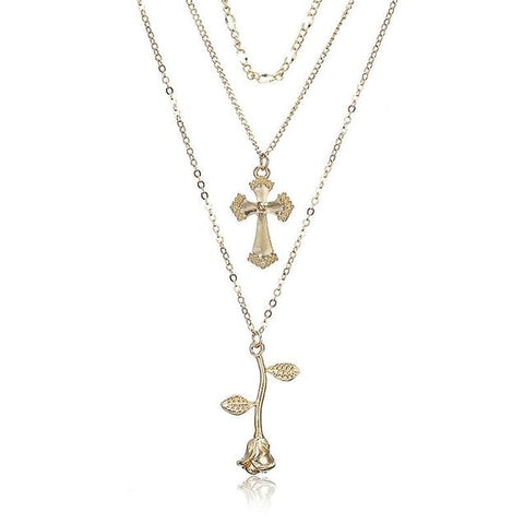 Decollate Layered Cross Flower Charm Necklace