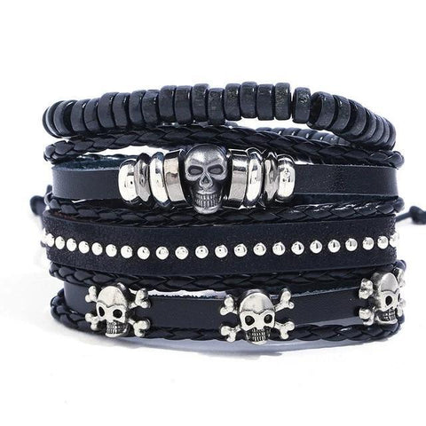 Black Leather Beads Skull Stack Bracelet Set