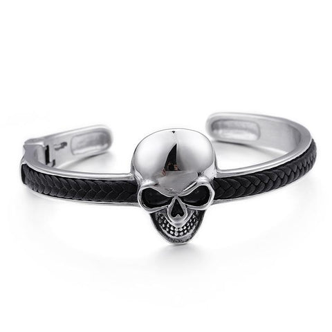 Stainless Steel Skull Braided Leather Cuff