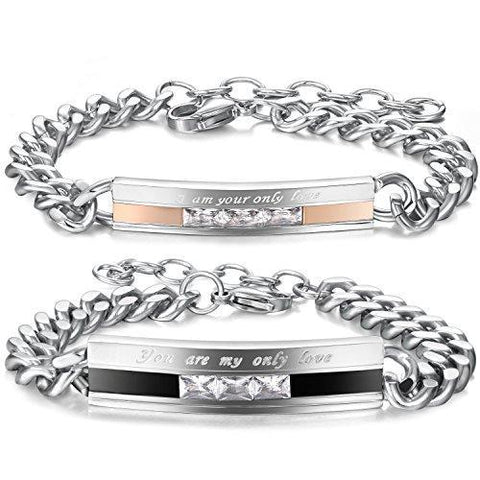 His & Her Crystal Love Engraved Stainless Link Bracelet
