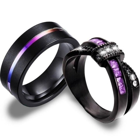 Black & Purple Crystal Bow Tungsten Carbide Ring Set 