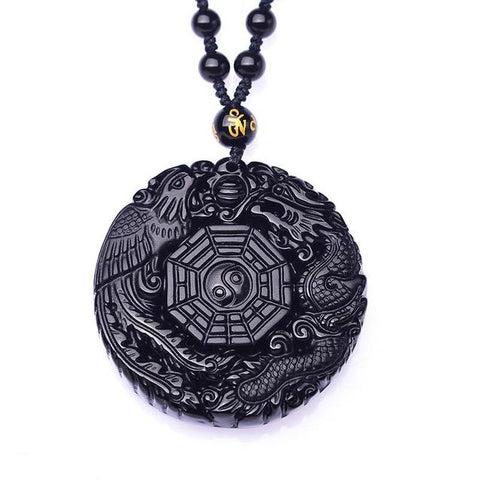 Feng Shui Compass Snake & Dragon Black Obsidian Necklace