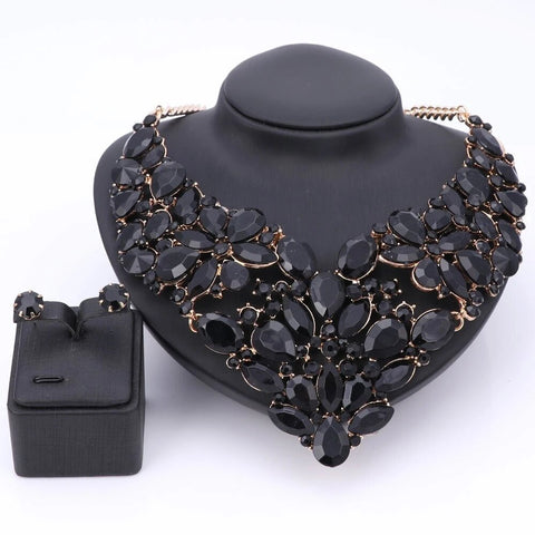 2PC Black Crystal Encrusted Statement Jewelry Collection