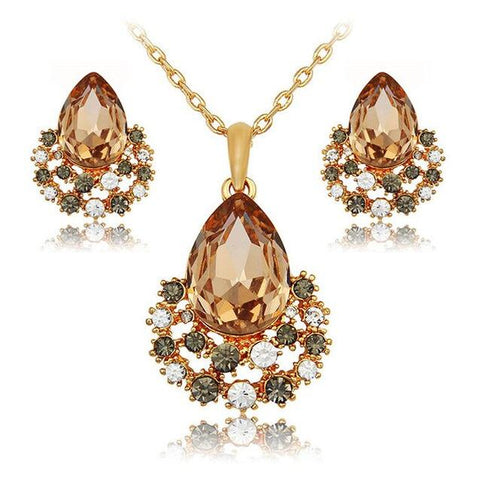 2PC Gold Plated Stainless Pear Cut Crustal Nest Jewelry Set