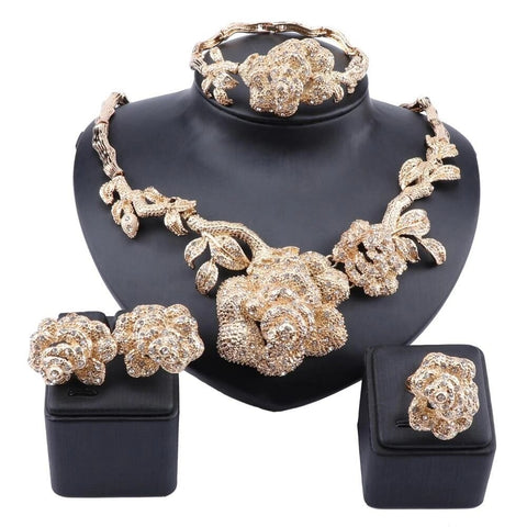 Embossed Gold Plated Flower Fashion Jewelry Set