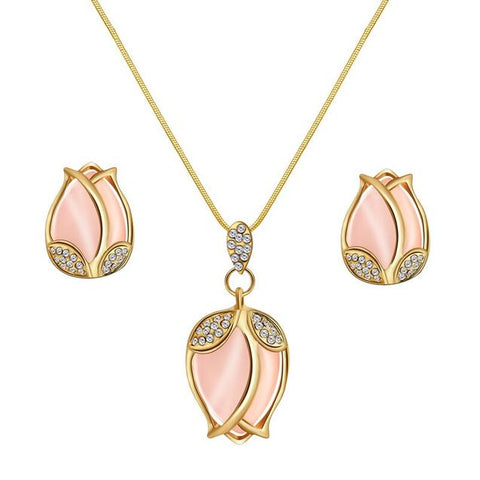 2PC Rose Crystal Bud Gold Plated Stainless Jewelry Gift Set