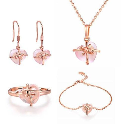 4PC Pink Heart Crystal Rose Gold Plated Stainless Jewelry Set