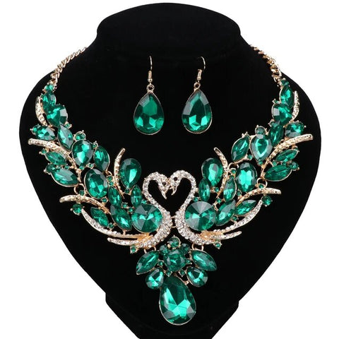 2PC Emerald Green Lover Swan Statement Jewelry Set