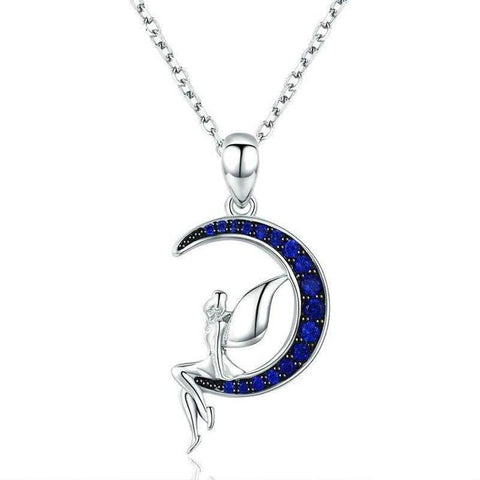 Blue Crystal Pave Moon Pixie Sterling Silver Necklace