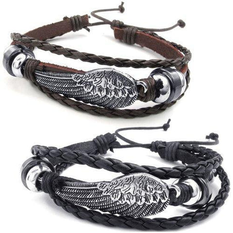 2PC Winged Feather Adjustable Leather Bracelet