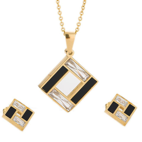 Modern Gold Plated Stainless Black & White Crystal Jewelry Set