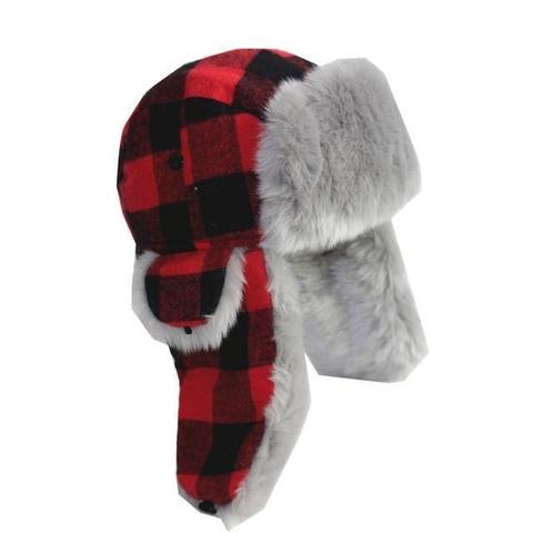 Red & Gray Checkered Cotton Fur Hat