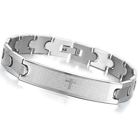 Men's Stainless Steel Silver Tone Cross Lord's Prayer Link Bracelet
