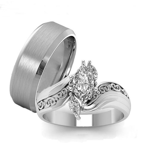 Three Stone Marquise crystal Brushed Stainless Steel Ring Set 