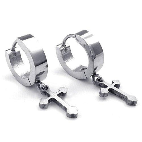 Stainless Steel Cross Huggie Hinged Hoop Earring