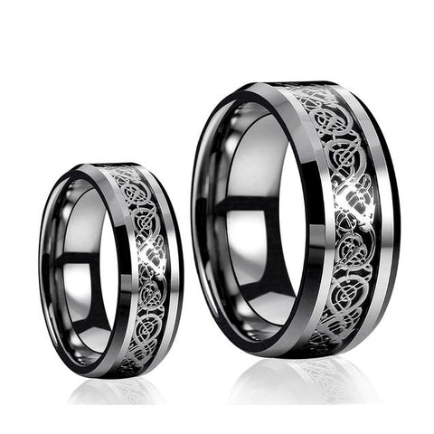2PC Silver & Black Celtic Dragon Knot Tungsten Ring Set